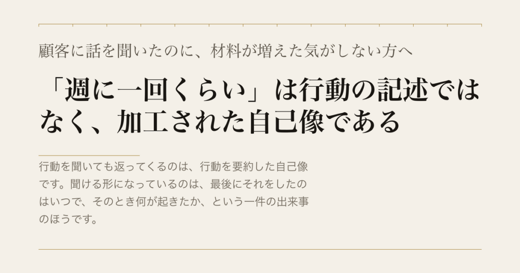 顧客に話を聞いたのに、材料が増えた気がしない方へ／「週に一回くらい」は行動の記述ではなく、加工された自己像である