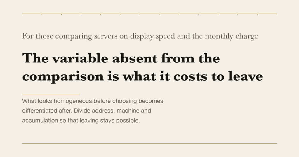 For those comparing servers on display speed and the monthly charge — The variable absent from the comparison is what it costs to leave