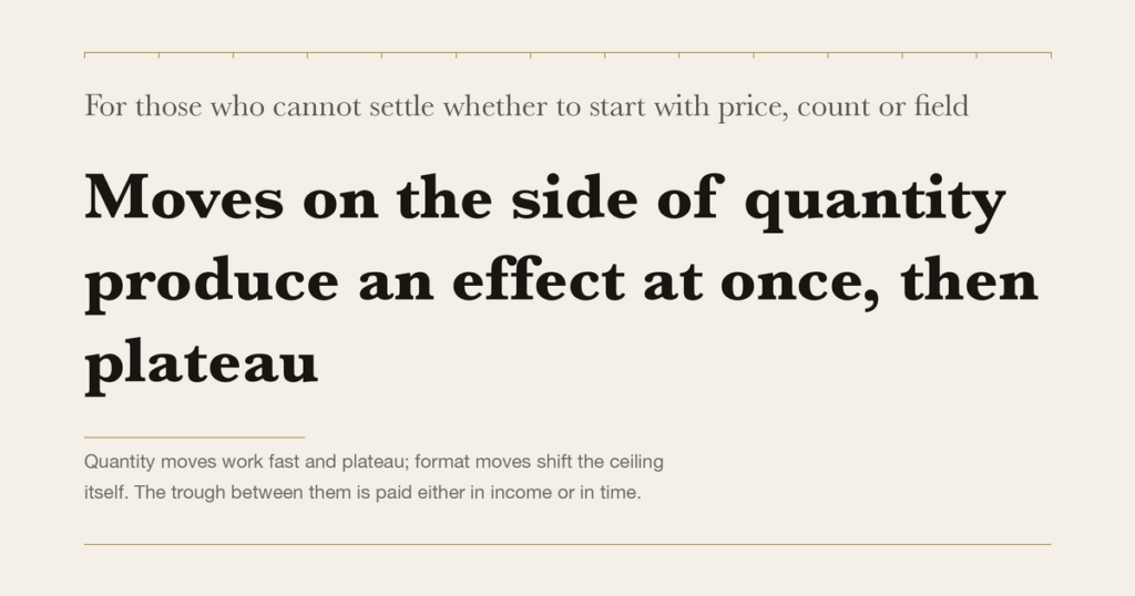 For those who cannot settle whether to start with price, count or field — Moves on the side of quantity produce an effect at once, then plateau