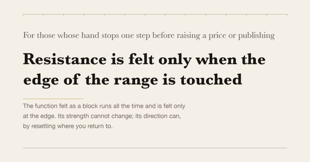 For those whose hand stops one step before raising a price or publishing — Resistance is felt only when the edge of the range is touched