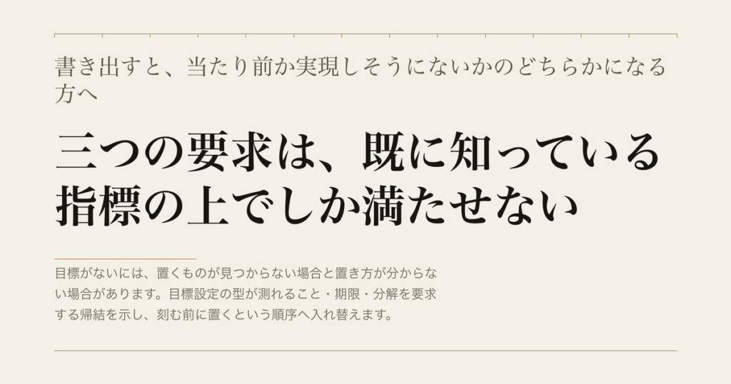 書き出すと、当たり前か実現しそうにないかのどちらかになる方へ／三つの要求は、既に知っている指標の上でしか満たせない