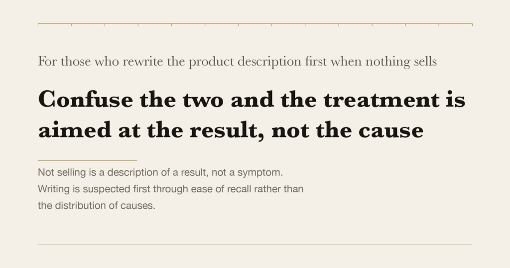 For those who rewrite the product description first when nothing sells — Confuse the two and the treatment is aimed at the result, not the cause