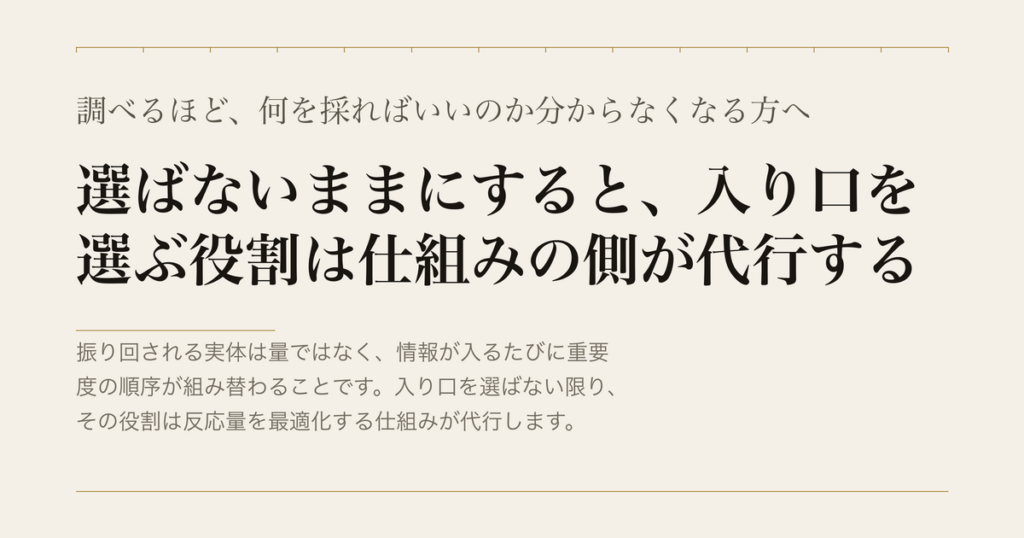 調べるほど、何を採ればいいのか分からなくなる方へ／選ばないままにすると、入り口を選ぶ役割は仕組みの側が代行する