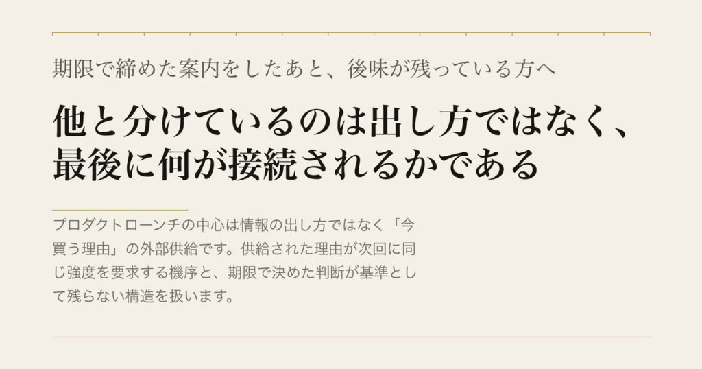 期限で締めた案内をしたあと、後味が残っている方へ／他と分けているのは出し方ではなく、最後に何が接続されるかである