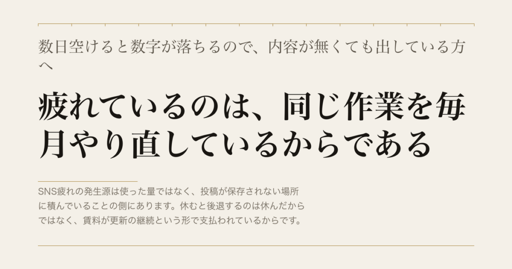 数日空けると数字が落ちるので、内容が無くても出している方へ／疲れているのは、同じ作業を毎月やり直しているからである
