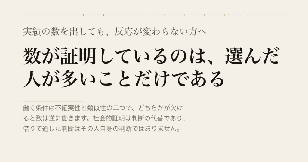 実績の数を出しても、反応が変わらない方へ／数が証明しているのは、選んだ人が多いことだけである
