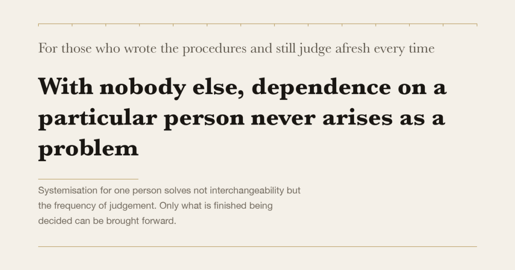 For those who wrote the procedures and still judge afresh every time — With nobody else, dependence on a particular person never arises as a problem