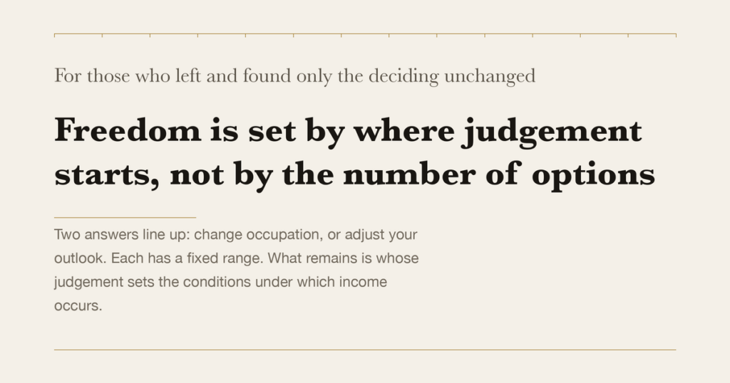 For those who left and found only the deciding unchanged — Freedom is set by where judgement starts, not by the number of options