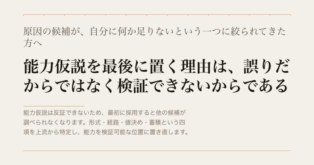原因の候補が、自分に何か足りないという一つに絞られてきた方へ／能力仮説を最後に置く理由は、誤りだからではなく検証できないからである